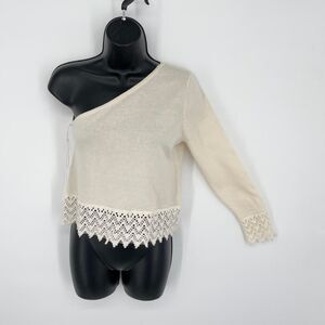 Callahan Cream NEW One Shoulder Sweater Long Sleeve Crochet Accent Sz S $131